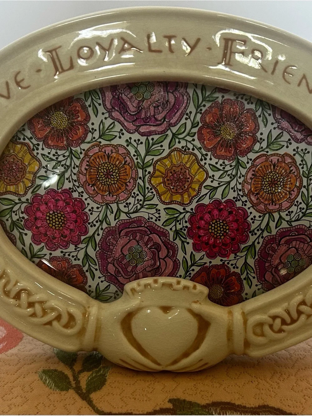 Russ Ceramic Oval Frame with Pink, Yellow and Green Floral Insert
